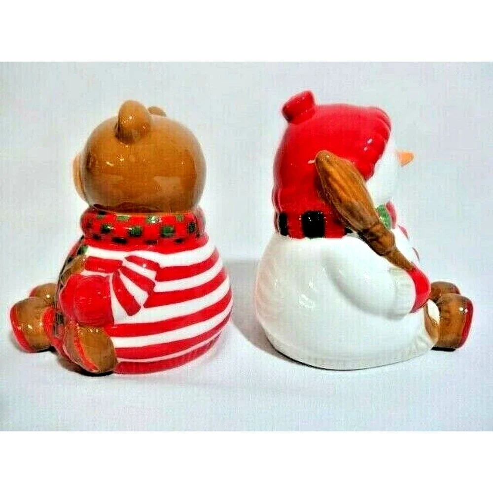 Sitting Bear Snowman Salt Pepper Shakers Ceramic Christmas Winter Serveware Gift